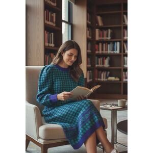Vintage Magnet S Green Navy Blue Sawtooth AOP Sweater Straight Dress Grandmacore